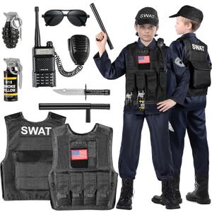 Luucio SWAT Police Officer Costume for Kids, Police Costume for kids, with SWAT Costume, SWAT Vest, Halloween Costume for Boys, Role Play Kit for Boys Girls, Size L