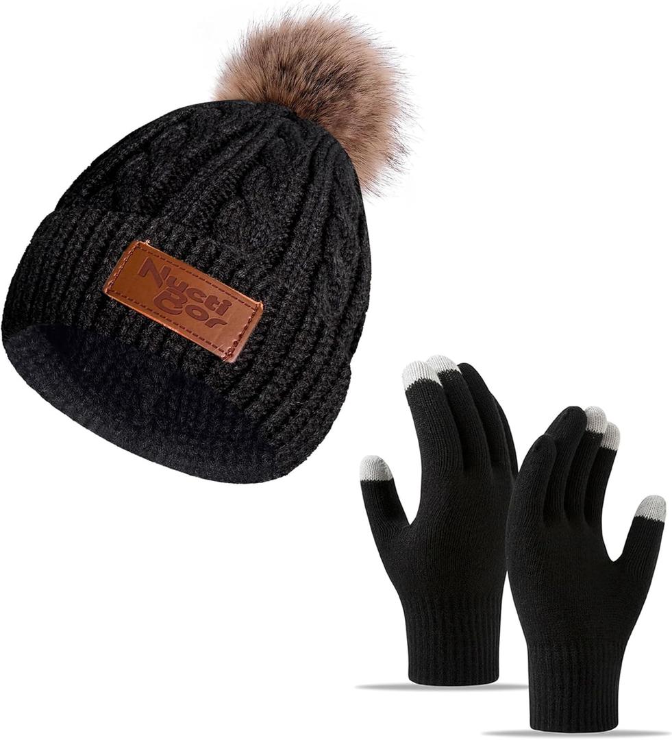 Womens Winter Hats and Gloves Set Gifts, Warm Knit Touchscreen Gloves Beanie Caps With Pom Pom