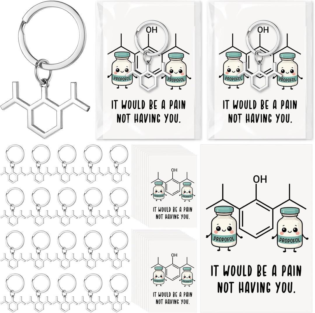 Fuyoooo 20/30 Sets Nurse Appreciation Gifts Anesthetist Appreciation Keychain Propofol Molecule Keychain with Thank You Cards