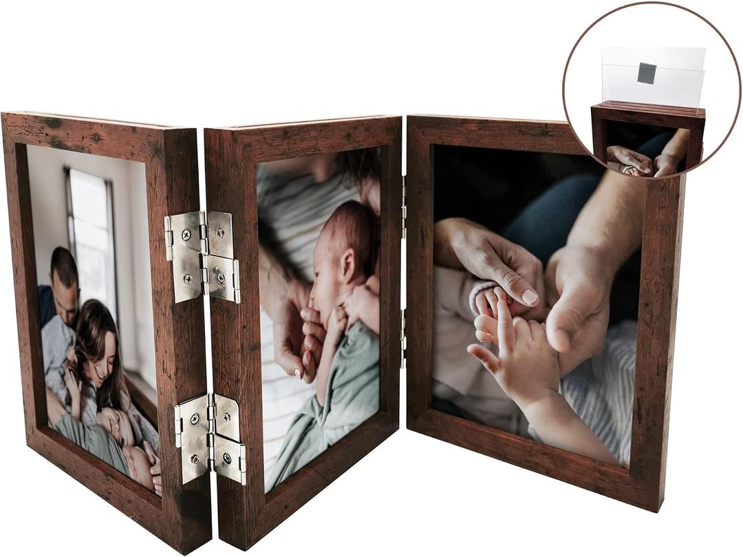 5x7 Triple Picture Frame Collage, 3 Opening Photo Frame for Tabletop, Rustic Wooden Multi Photo Frame for Family, Wedding, Baby Memories, Mother's Gifts, Dark Brown