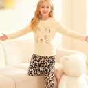 Funnycokid Girls Fleece Pajamas Set Kids Soft Flannel Pjs Pullover Top Pants Loungewear Beige Cheetah, 9-10 Years
