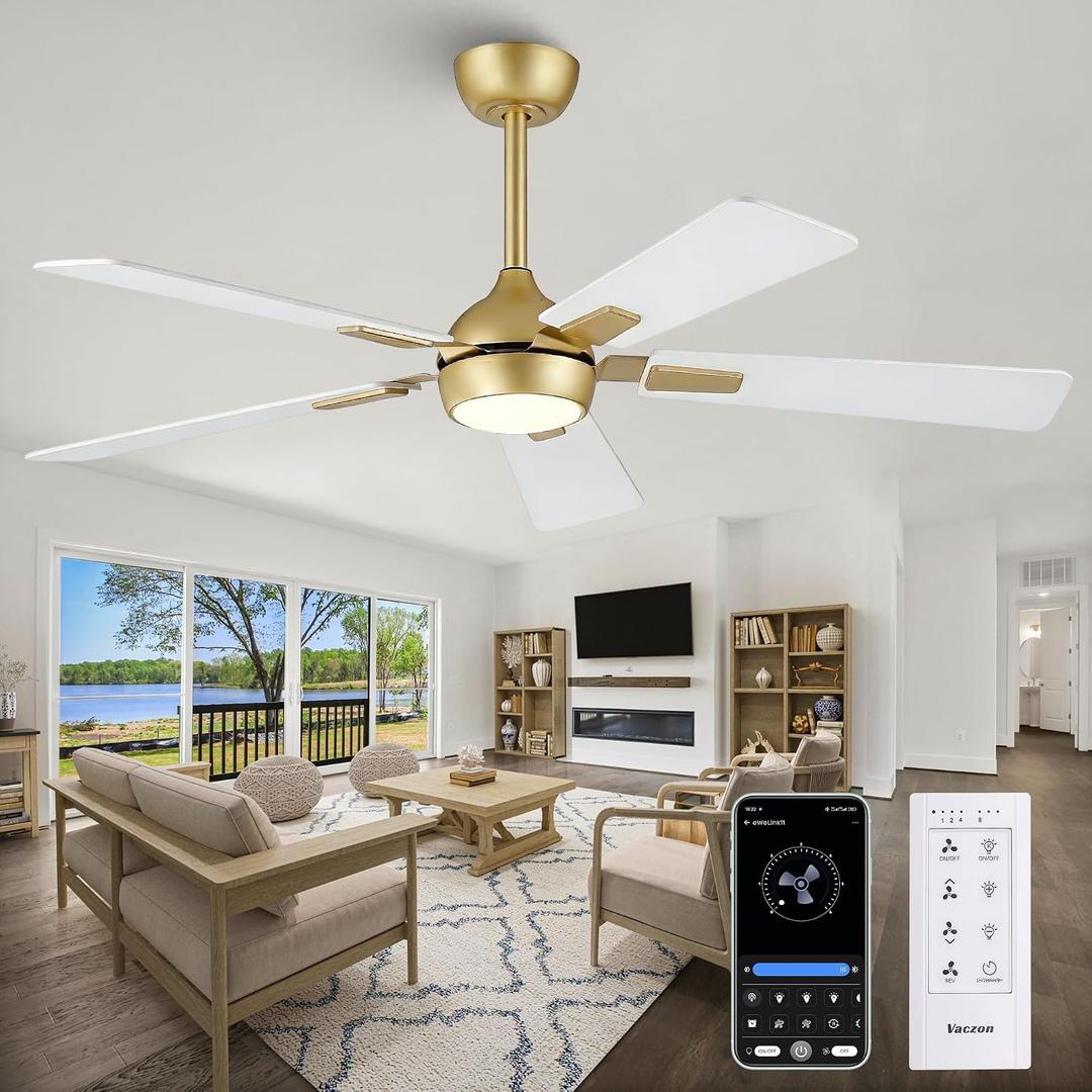 52" White Gold Ceiling Fan with Light and Remote, DC Motor Ceiling Fan with LED Light, 6-Speed Reversible, Dimmable 3CCT, Modern Ceiling Fan for Bedroom Living Room