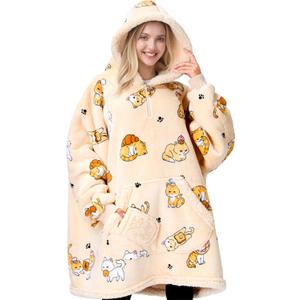 Giggling Getup Wearable Blanket Hoodie for Adults Gifts for Teen Girls Sister Women Sherpa Fleece Printed Hooded Blanket Sweatshirt Warm Cozy with Pocket & Sleeves Beige Cat