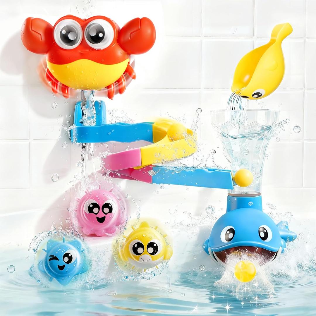 lalalark Bath Toys for Kids, 7-in-1 Shower Bathtub Toy with Crab, Whale, Rotating Fish & Slide Track, Interactive Water Play Set with Pour & Spray Fun for Toddlers, Boys & Girls Birthday Gifts 3-5