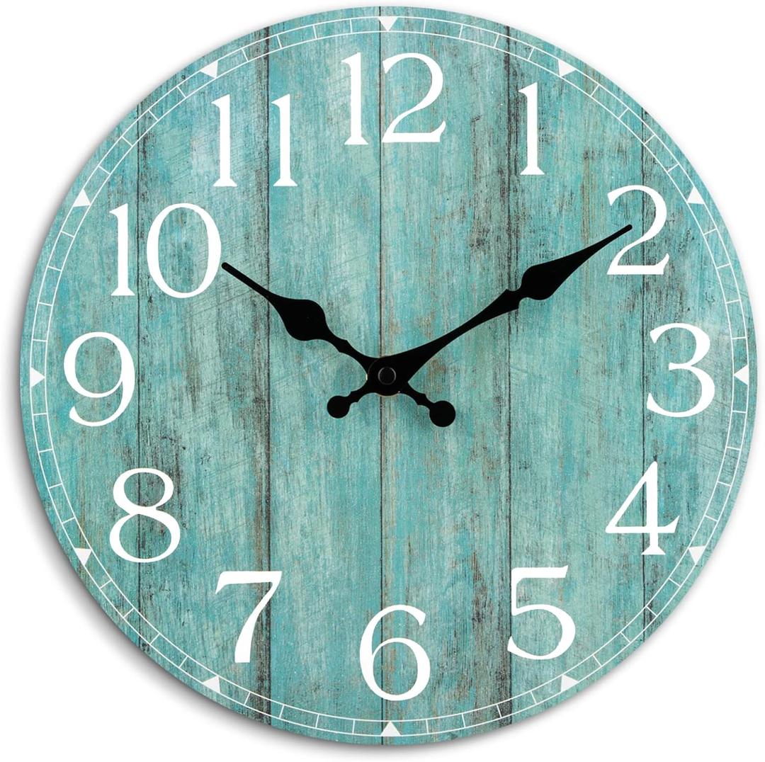 HYLANDA Wall Clock, 10 Inch Teal Silent Non-Ticking Kitchen Decor, Rustic Vintage Country Retro Decorative Clocks Battery Operated for Bathroom Bedroom Living Room Office(Aqua) (B-teal)