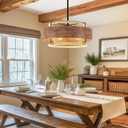 19.5" Farmhouse Rattan Chandelier Light Fixture, 4-Light Boho Drum Chandeliers with Wood Texture, Hand-Woven Rattan Pendant Light for Dining Room Kitchen Island Living Room Bedroom Hallway