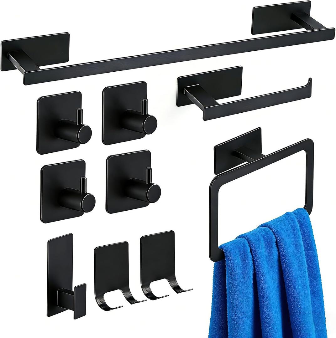 10 Pieces Bathroom Towel Bar Set, Stainless Steel Matte Black Bathroom Hardware Set Self Adhesive, Towel Racks for Bathroom, 16 inch Towel Bar, Robe Towel Hooks, Toilet Paper Holder, Towel Ring