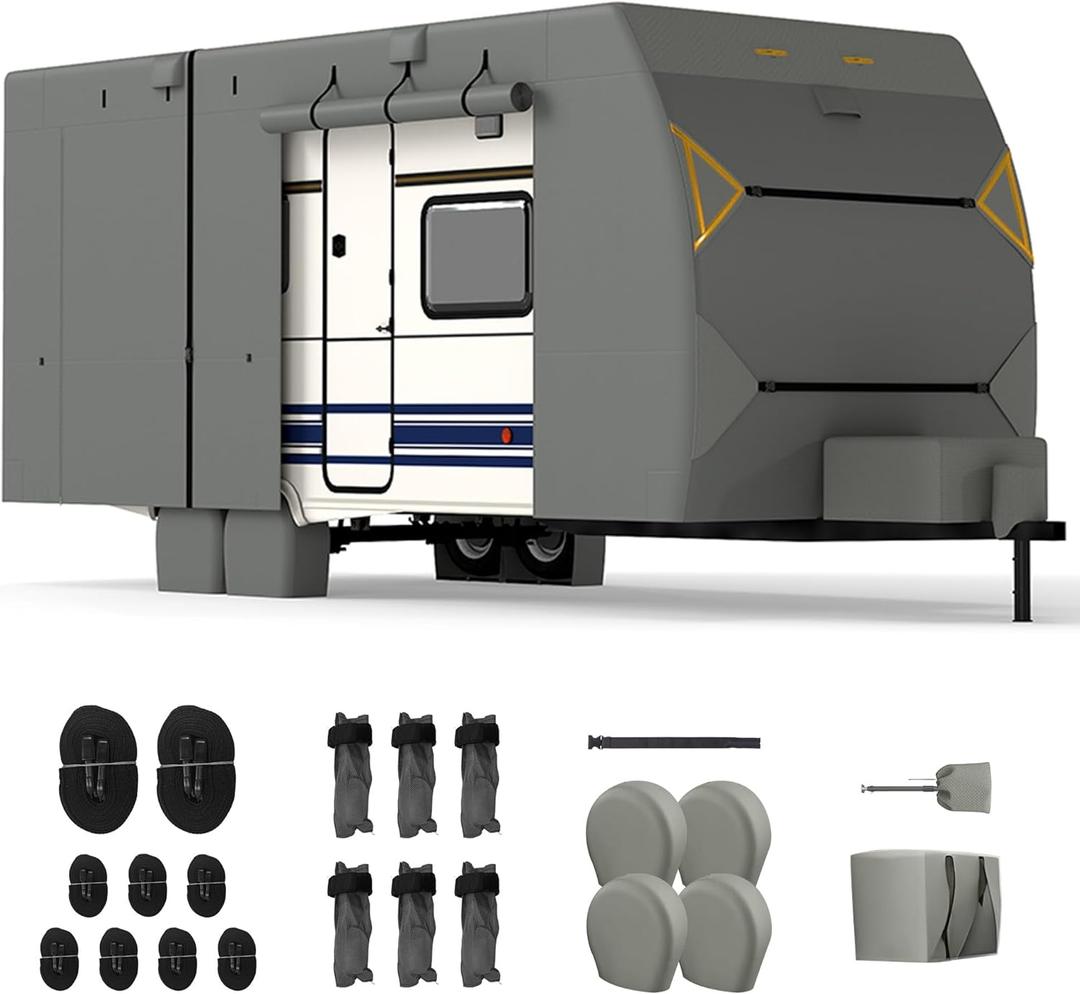 RV Covers for Travel Trailers, 30-33ft Heavy Duty Camper Cover, 7 Layers Extra-Thick Waterproof Toy Hauler Cover with 4 Tire Covers, Jack Cover and Wind Straps
