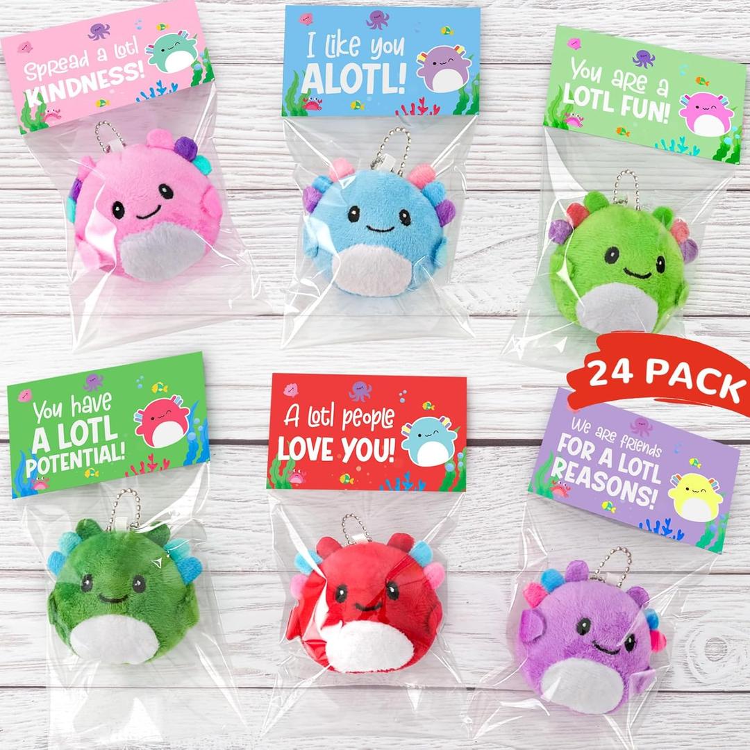 Valentines Day Gifts for Kids - 24 Pack Axolotl Plush Toys Keychains with Valentine's Cards - Mini Stuffed Animals Set for Boys Girls Toddler Classroom Exchange School Activities Party Favors