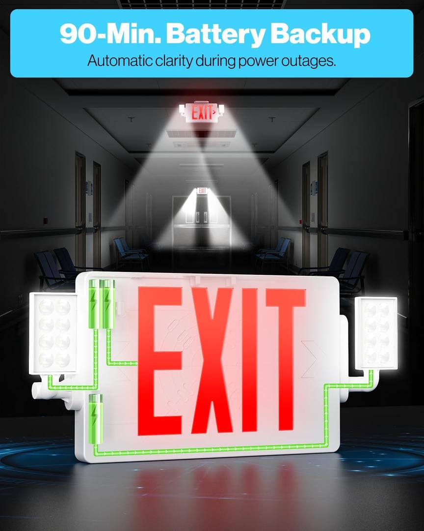 Sunco 2 Pack Exit Signs With Emergency Lights, Two Adjustable LED Lights With Backup Battery, Red, 94V-0 Fire Resistant, 120-277V, Wall Or Ceiling Mount, Commercial Grade Double Sided UL (White)