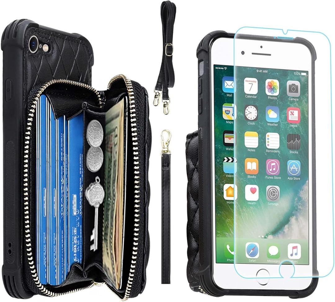 MONASAY Zipper Wallet Case Fit for iPhone SE 2022/2020/8/7, [Glass Screen Protector ][RFID Blocking] Flip Leather Handbag Phone Cover with Card Holder & Crossbody Lanyard Strap, Black