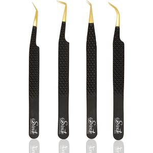 SIVOTE Fiber Tip Lash Tweezers for Eyelash Extensions with Diamond Grip, Black, Set of 4 - Precise Tips Japanese Steel for Classic, Volume & Mega Volume Lashes, Anti-Rust - Ideal for Lash Artists