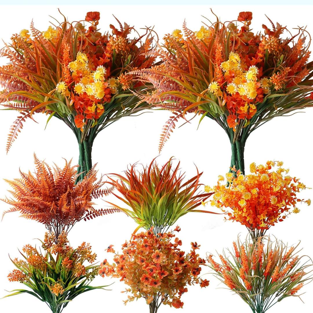 Outdoor Artificial Fall Flowers Mums Plants Autumn Decor, UV Resistant, Look Real 12 Bundles Outside Fake Daisy Eucalyptus Wheat Ferns Arrangement Faux Greenery for Garden Pots Yard Window Box (Orange)