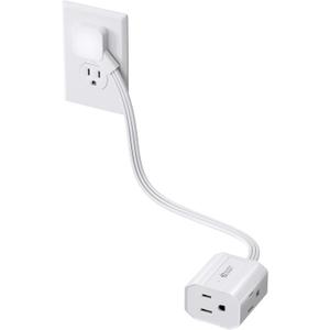 Extension Cord 1.5ft SUPERDANNY Mini Power Strip Ultra Right Angled Flat Plug for Tight Spaces,Indoor Extension with 3 Outlets,for Office Home Appliances,Non Surge Protector for Travel Cruise,White