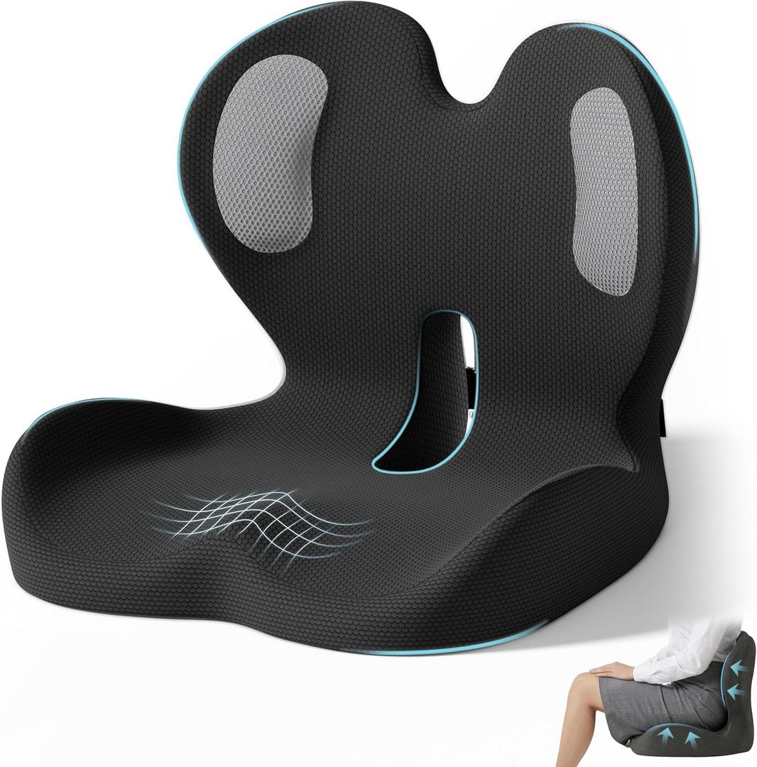 Ergonomic Seat Cushion,Office Chair Cushion with Lumbar Support Pillow,Car Orthopedic Seat Cushions,Designed for Sciatica,Tailbone,Back Pain Relief,for Office,Car,Truck,Home,Desk Chair (Black+honeycomb Cloth)