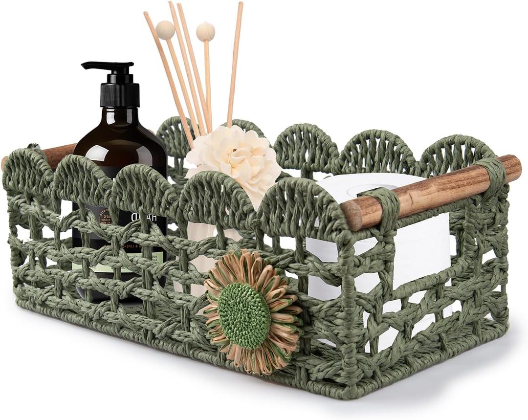 Handbanary Paper Rope Toilet Paper Basket for Back of Toilet, Scalloped Edge Basket for Toilet Tank Top with Handles, Wove Storage Basket for Home Decor Bathroom Bedroom Living Room Countertop, Green