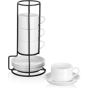 Meichu 2.5oz Porcelain Stackable Espresso Cups with Saucers and Metal Stand Set of 4, Stackable Espresso Cups Set of 4, White Espresso Shots Cup Set for Cappuccino, Coffee Drinks, Latte, Tea