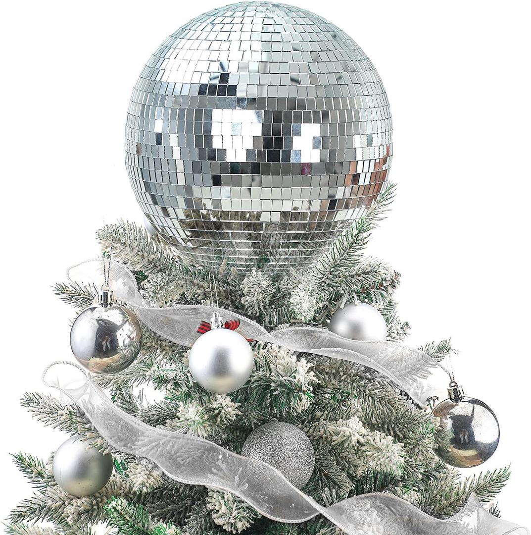 Retisee 8'' Disco Ball Christmas Tree Topper Disco Mirror Ball Xmas Tree Topper 3D Hollow Silver Decor Ornament for 70s Holiday Wedding Birthday Party Decorations