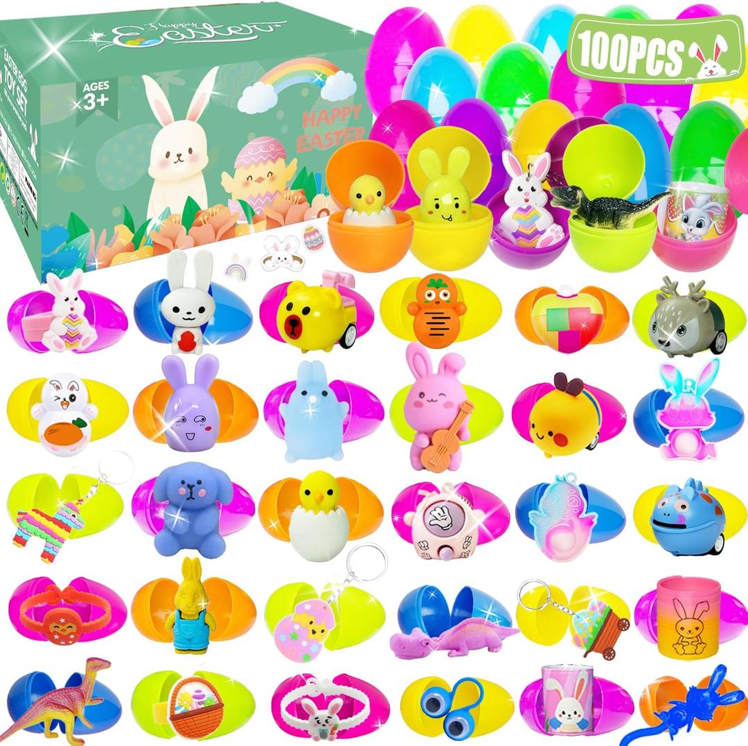 100 PCS Prefilled Easter Eggs Filled with Toys Inside for Kids Boys Girls Easter Hunt Basket Stuffers Essentials Fillers Party Favors Classroom Prize Supplies
