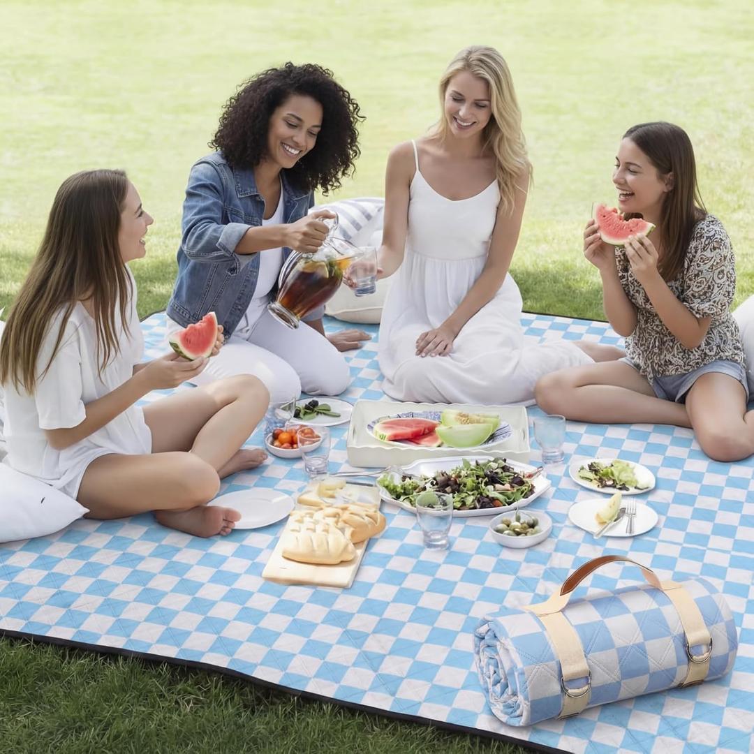 Nuanchu Checkered Picnic Blanket Extra Large Outdoor Blanket Sandproof 80"x80" Waterproof Portable Machine Washable 3 Layer Thick Gingham Picnic Mat for Beach Camping Park Grass Travel(Light Blue)