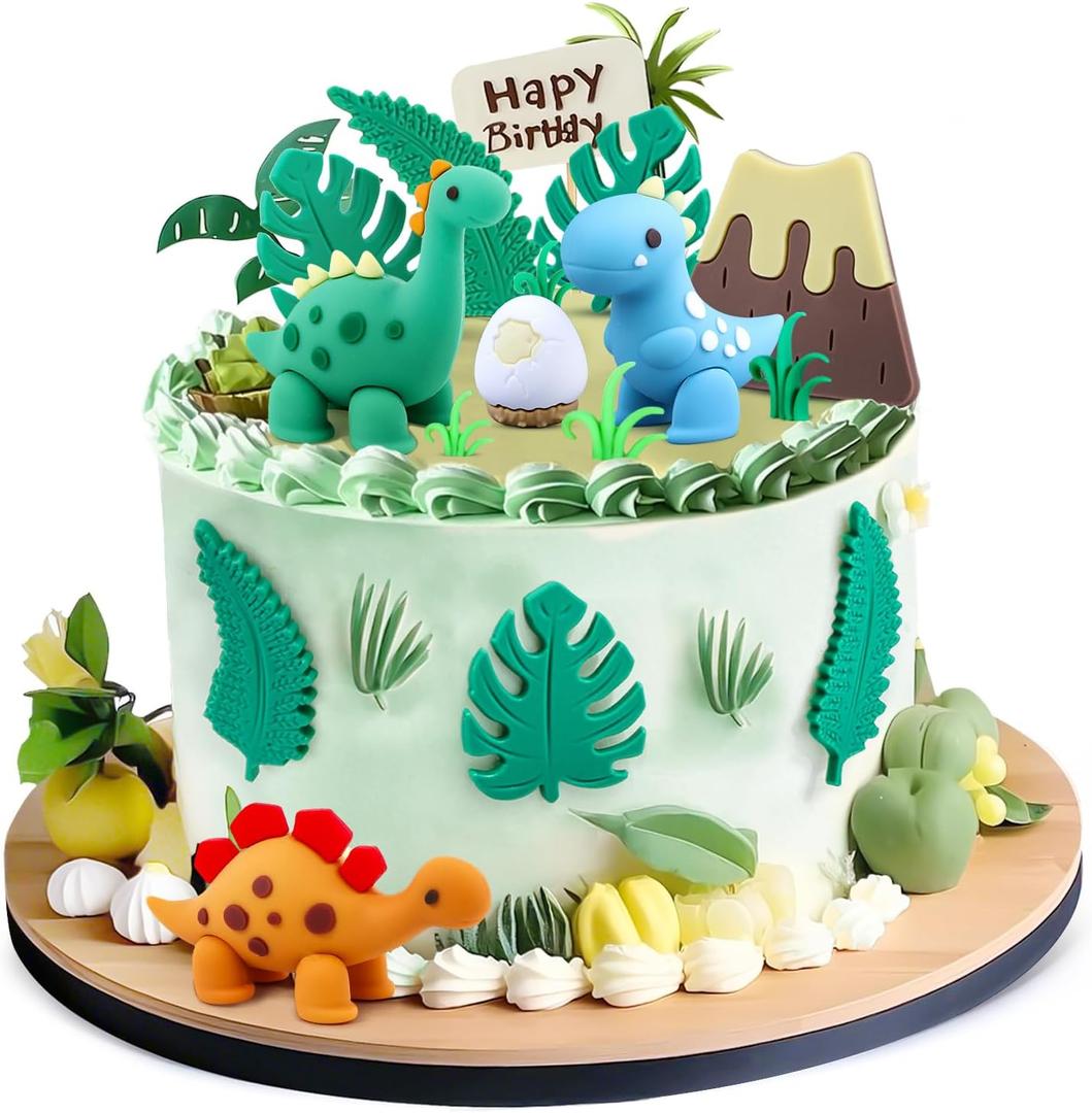 15PCS Cartoon Dinosaur Cake Toppers, Cute Dino Egg Leaves Grass Volcano Cake Decorations for Kids Birthday Baby Shower Dinosaur Animal Theme Party Supplies