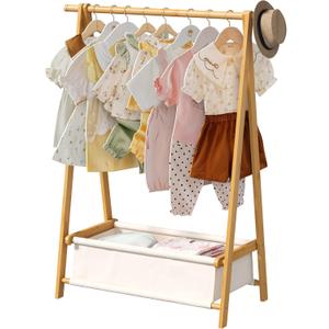 Bamboo Clothes Rack with Storage Box Foldable Garment Holder Coat Rack Freestanding Coat Stand Child Clothing Stand for Hanging Coat Dress up Racks (Natural, Small)