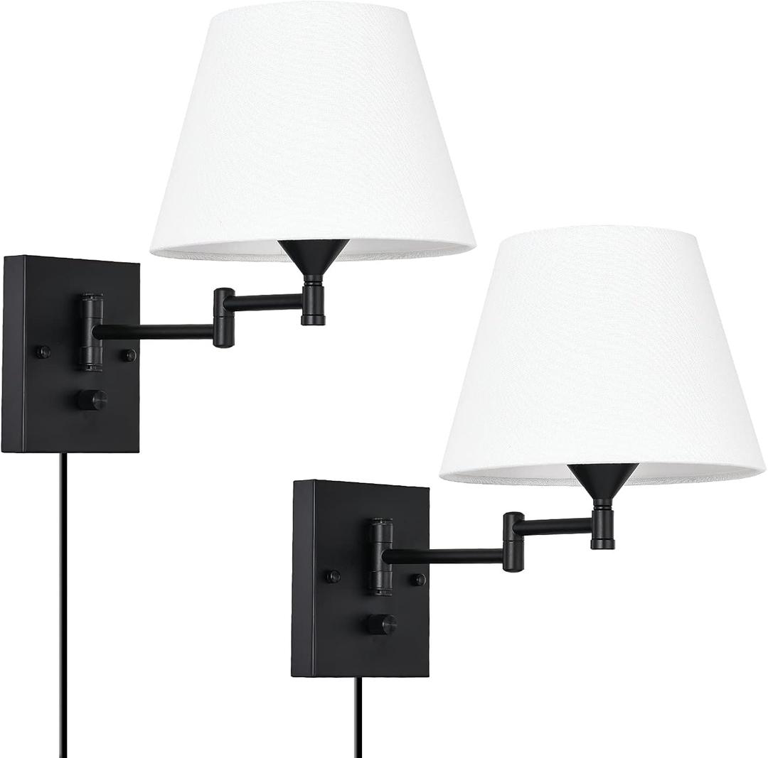 Pauwer Plug in Wall Sconce Set of 2 Swing Arm Wall Lamp with Plug in Cord and Fabric Shade Wall Light Fixtures for Hallway Bedroom Living Room (White Shade)