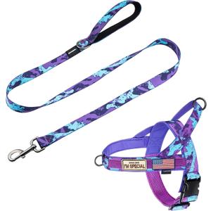 Annchwool No Pull Dog Harness with Padded Handle+5 Ft Leash,Escape Proof and Quick Fit to Adjust Dog Harness,Easy for Training Walking for Small & Medium and Large Dogs(Camo Purple Set,L)