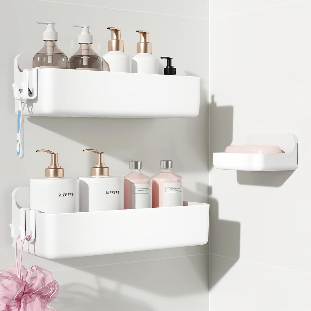 Nieifi Adhesive Wall Shelf, Shower Shelves, Shower Organizer for Bathroom Organization (White, 3 pieces)