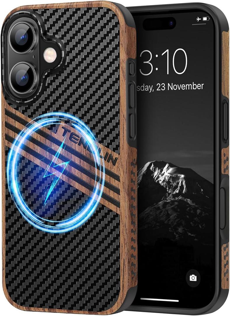 TENDLIN Magnetic Case Compatible with iPhone 16 Phone Case Wood Grain with Carbon Fiber Texture Design Leather Hybrid Slim Cover (Compatible with MagSafe) Three Stripe