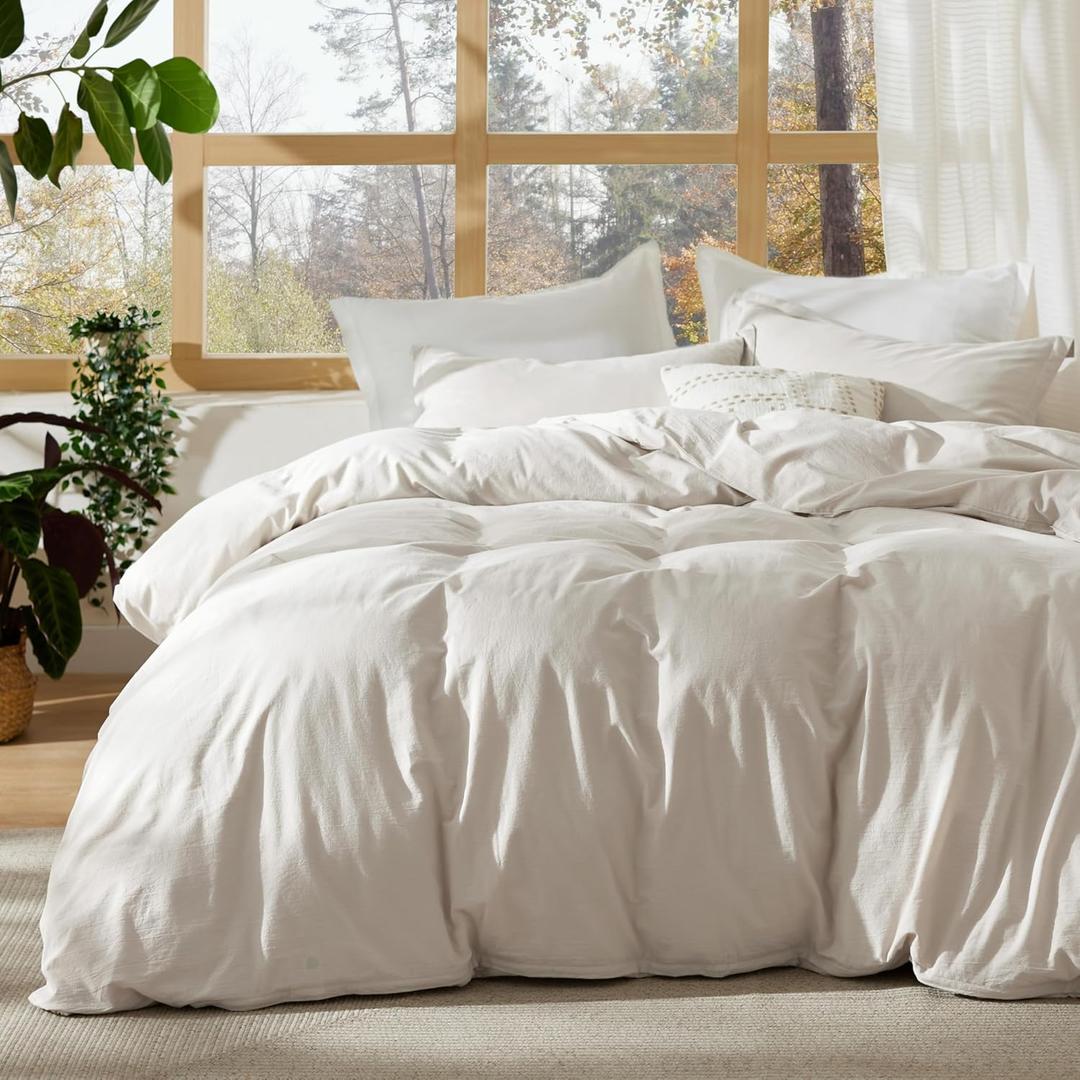 Bedsure 100% Stone Washed Cotton Duvet Cover King - Linen Grey Minimalist Cotton Duvet Cover Linen Like - 3 Pieces GentleSoft Plain Simple Bedding Set with 2 Pillow Shams (Linen Grey, King, 104"x90") (King (104" x 90"), 07 - Stone-washed Linen Grey (No Comforter))