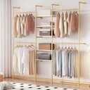 Industrial Pipe Clothing Racks with 5 Shelves, Wall Mounted Gold Clothes Rack for Hanging Clothes, Gold Wall Clothing Rack, Heavy Duty Clothes Rack for Walk in Closet, Laundry Room