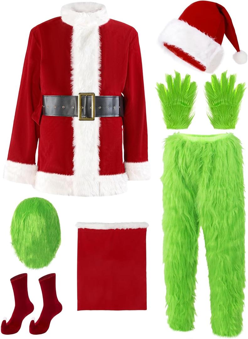 casapre Santa Costume Adult.Christmas Costume 7pcs Suit With Green Monster Mask and Red Hat.Christmas Gift Box Packaging