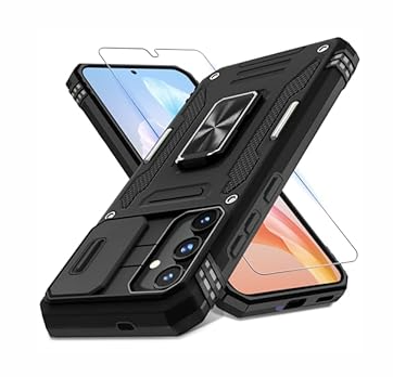 DEERLAMN Case for Samsung Galaxy S24+ Plus with Slide Camera Cover+Screen Protector (1 Pack), Rotated Ring Kickstand Military Grade Shockproof Protective Cover-Black