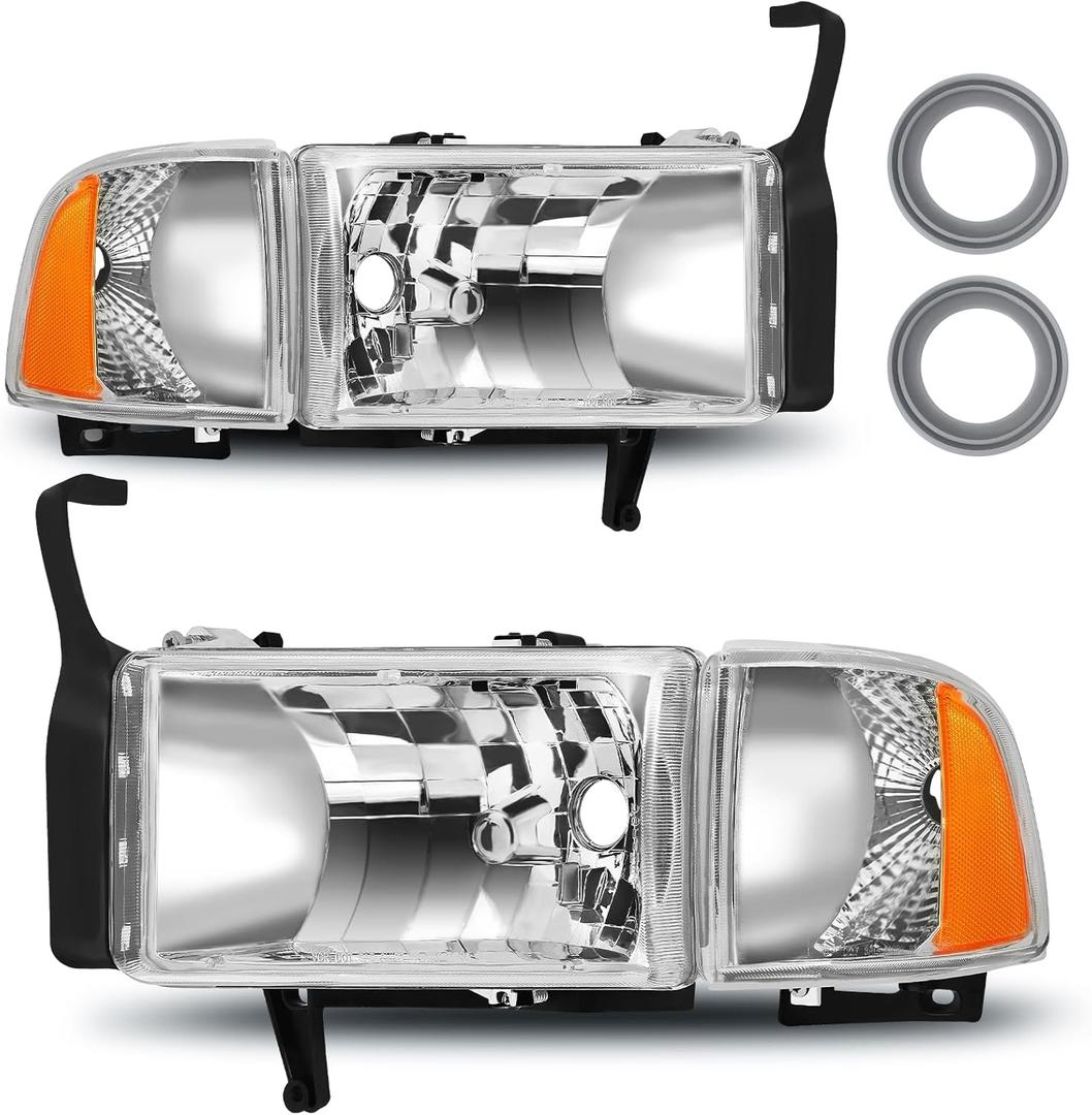 Headlight Assembly Fit For 1994-2001 1994 1995 1996 1997 1998 1999 2000 2001 Dodge Ram 1500 94-01 1994-2001 Dodge Ram 1500/1994-2002 94-02 Dodge Ram Pickup 2500 3500 Headlights (Chrome Housing, Chrome Housing Amber Reflector)