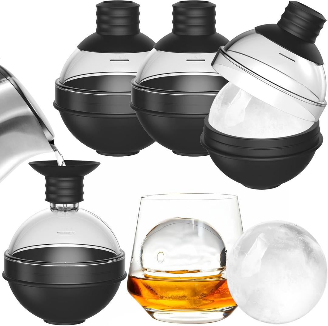 Large Round Ice Ball Maker Mold Silicone for Whiskey - Set of 4 with 2-in-1 Funnel Lid - 2.4 Inch Big Sphere Ice Mold for Cocktails Bourbon - Easy Release - Perfectly Round Ice Cube Tray (Black)