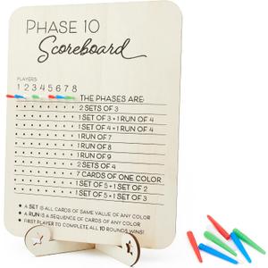 Phase 10 Scoreboard with 8 Colored Pegs and Stand  Phase Ten Card Game Score and Round Tracker  Game Night Accessory for Family Board Games, Adults, Kids, and Travel
