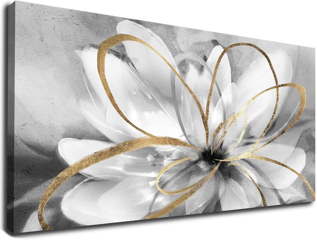 SOUGUAN Flower Wall Room Decor Gold Decoration White Flower Artwork for Living Room Office Dining Room 24x48 Inch (24"x48", Grey)