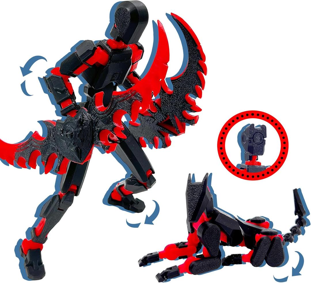 (Assembly Completed) T13 3D Action Figure Set, Dummy Robo Titan 13 Action Figures,3D Printed Multi-Jointed Toy (Black Red + Dog)