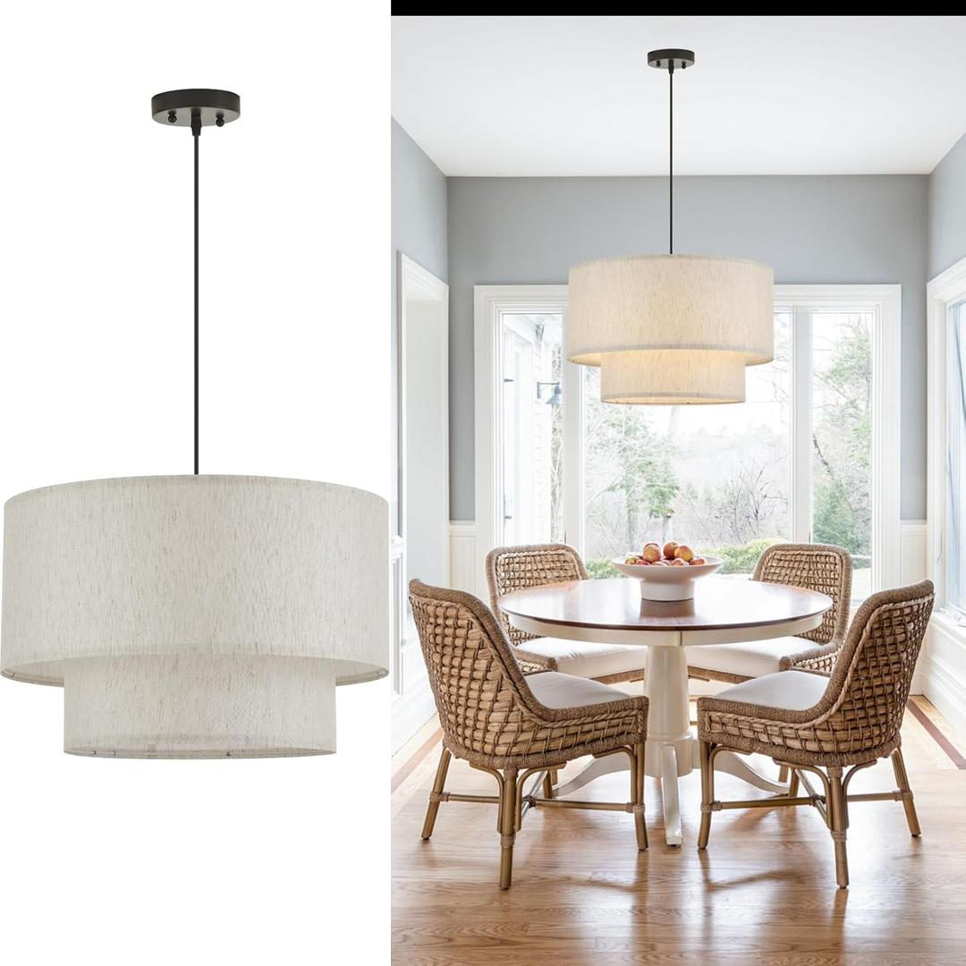 VILUXY Drum Fabric Pendant Light Farmhouse White Chandelier Double Drum Shade Hanging Ceiling Light Fixture 3 Lights Linen for Bedroom Dining Room Living Room Entryway
