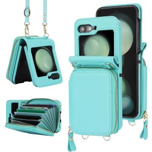 Asuwish Phone Case for Samsung Galaxy Z Flip 6 5G 2024 Wallet Cover with Credit Card Holder Zipper Slot Crossbody Strap Lanyard RFID Blocking Slim Cell Purse ZFlip6 Z6 G Flip6 6Z Women Men Girls Teal