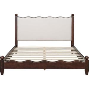 Merax Vintage Queen Size Solid Wood Platform Bed with Upholstered Headboard, Mid-Century Low Bed Frame with Sturdy Wood Legs/No Box Spring Needed/Easy Assembly, Espresso +Beige Fabric