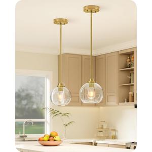 EDISHINE Pendant Light Fixtures 2 Pack with Clear Glass Globe Shade, Gold Kitchen Hanging Lighting Over Island, Hardwired Adjustable Metal Rod for Dining Room, Entryway