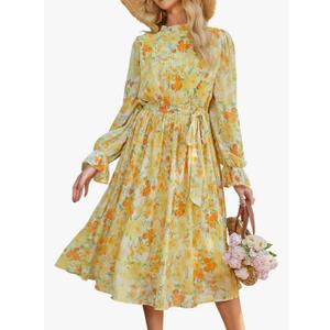 ANRABESS Womens Fall Vacation Guest Dress 2025 Long Sleeve Mock Neck Mesh Floral Boho Flowy Casual Tea Party Midi Dresses Floral Orange Medium M