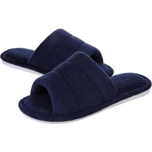 shevalues Terry Cloth Open Toe Slippers for Women Memory Foam Slip On House Slippers, Navy, 7.5-8.5 Women/6-7 Men