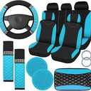 Fulmoon 17 Pcs Car Accessories Set for Women Seat Bling Leather Steering Wheel Cover Seat Belt Shoulder Pad Armrest Cup Holders Covers Full Crystal Decor Automotive Interior(Mint Green and Black)