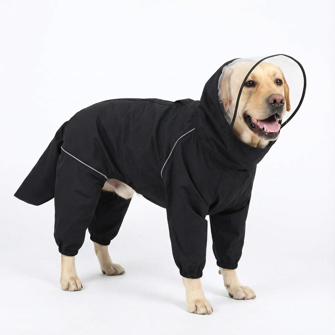 Dog Raincoat for Medium Large Dogs,rain Jacket Coat, Full Leg Coverage Waterproof Rain Suit with Detachable Hood & Tail, Reflective Strips, Snag-Free Top Zipper (Black for Boy, X-Large)
