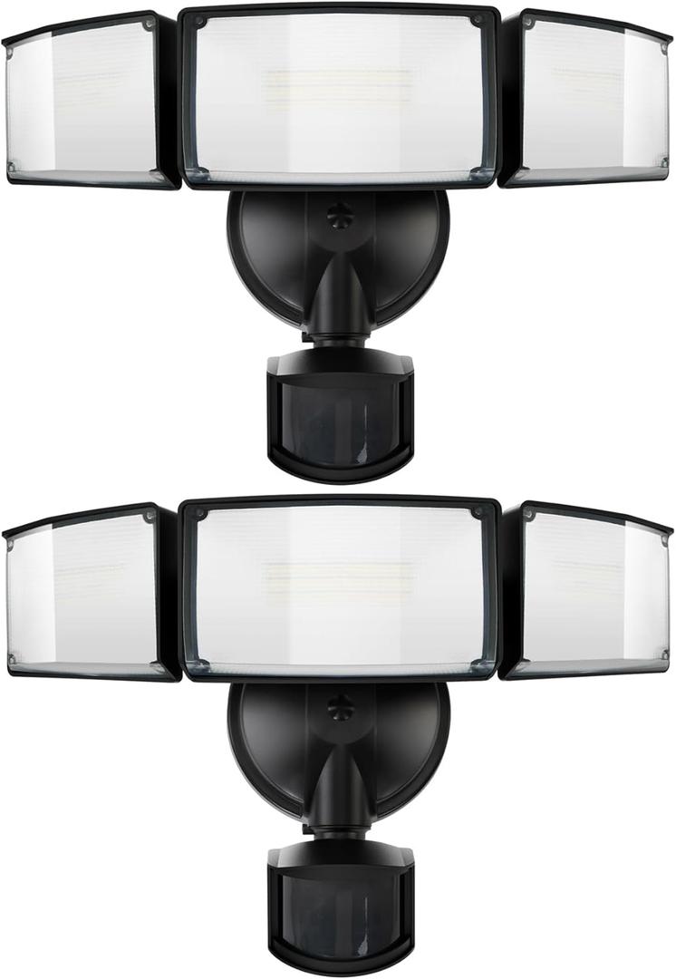 UME 2 Pack 5500LM LED Security Lights Motion Sensor Light Outdoor, 49W, 5000K Daylight, IP65 Waterproof, Dusk to Dawn, 3 Head Motion Detected Flood Light for Garage, Yard, Porch (Black)
