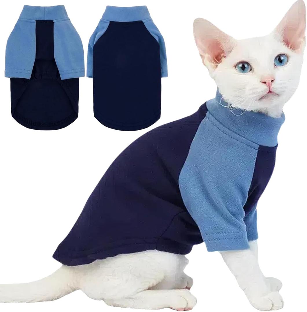 T'CHAQUE Cat Pajamas - Soft Cat Clothes& Shirts & Pajamas with Sleeves, Stretchy Sweater, Pullover Kitten Clothes, Blue, XX-Large
