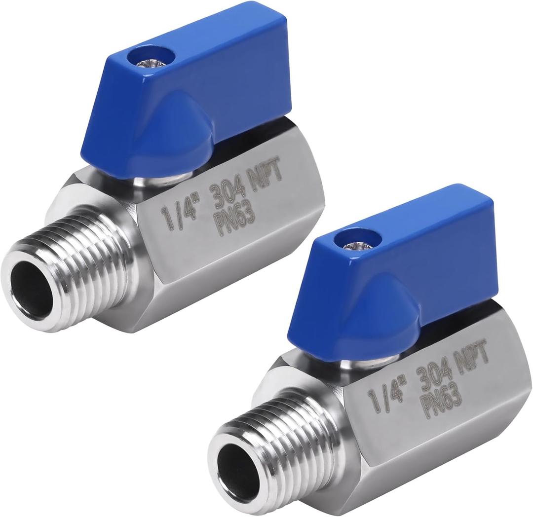 DERNORD 1/4 Inch Mini Ball Valve Stainless Steel Female x Male NPT Thread Shut-off Valve with Blue Handle (Pack of 2)